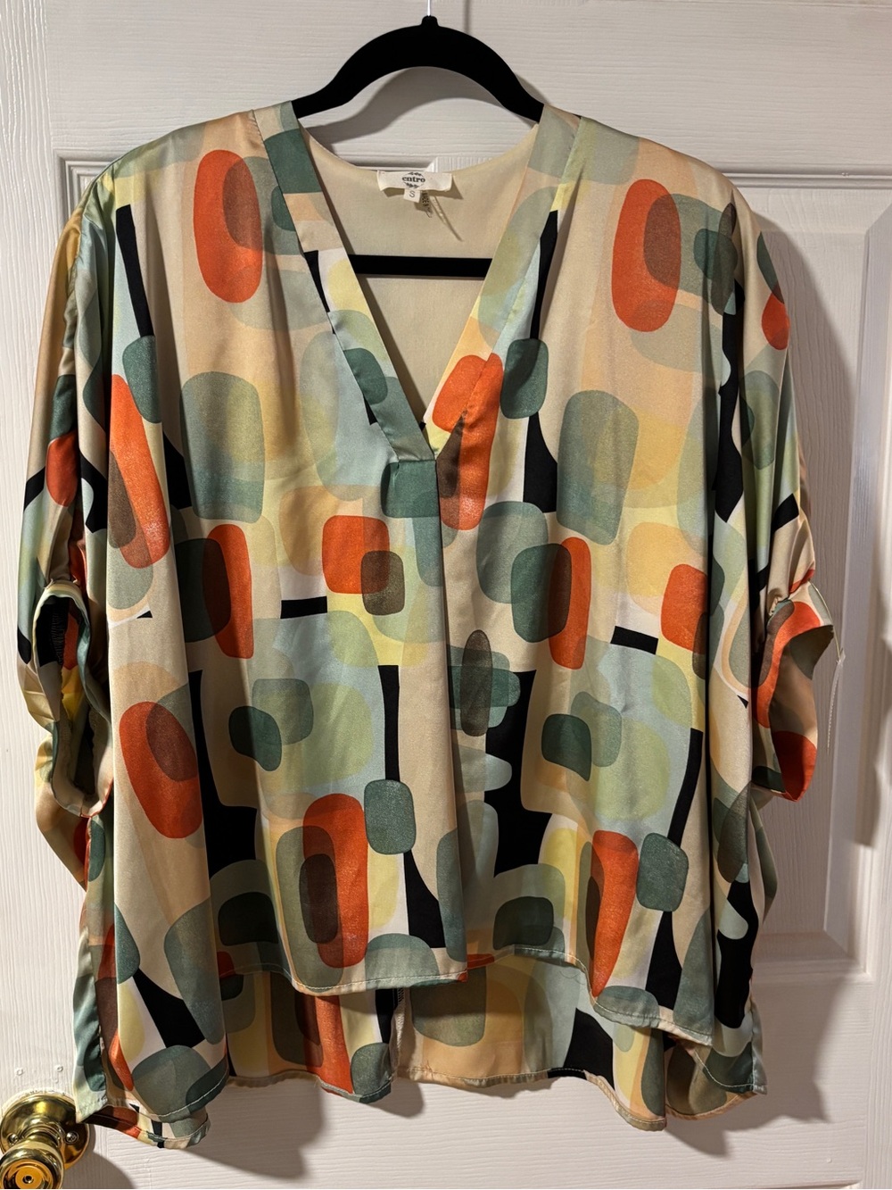 Entro Abstract Print V-Neck Oversized Cape Style Blouse in Green, Orange, Gold S
